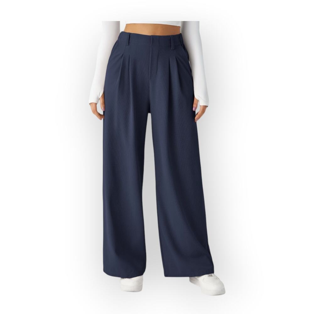 Halara Flex High Waisted Wide Leg Work Pants Waffle Knit Navy XL Minimal Chic